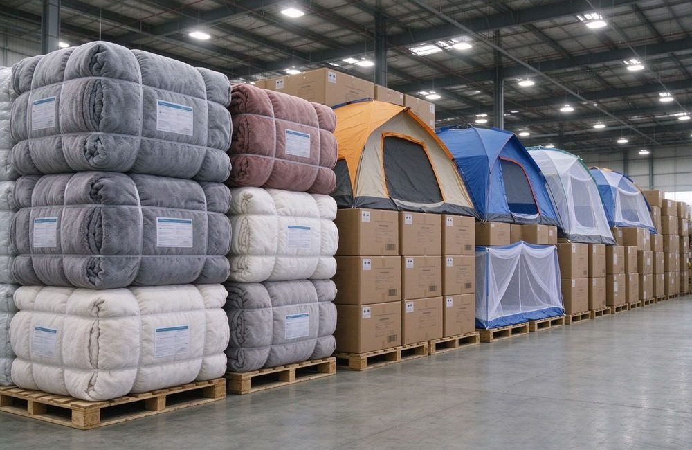 Asian warehouse staff working between tall shelves stacked with relief blanket bales in a bright government warehouse, showing national stockpile blankets management