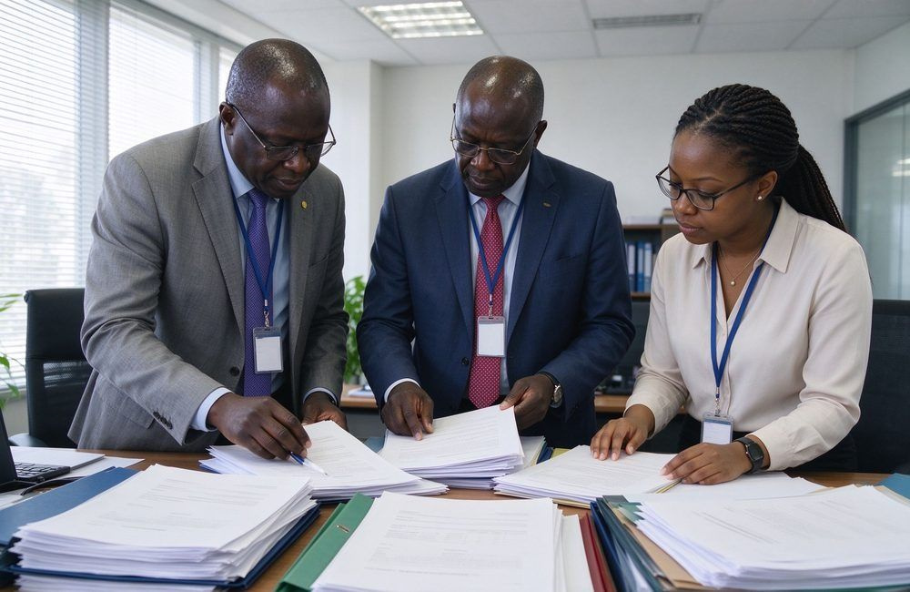 African officials and assistant verifying tender bid documents at a bright office desk with classified files, showing public tender compliance documentation review