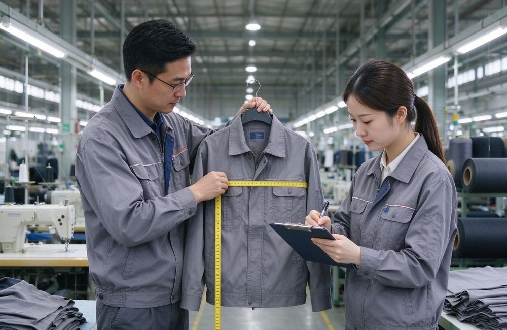 Asian quality inspectors measuring relief blanket size and weight in a bright production workshop, showing government tender emergency blankets quality control