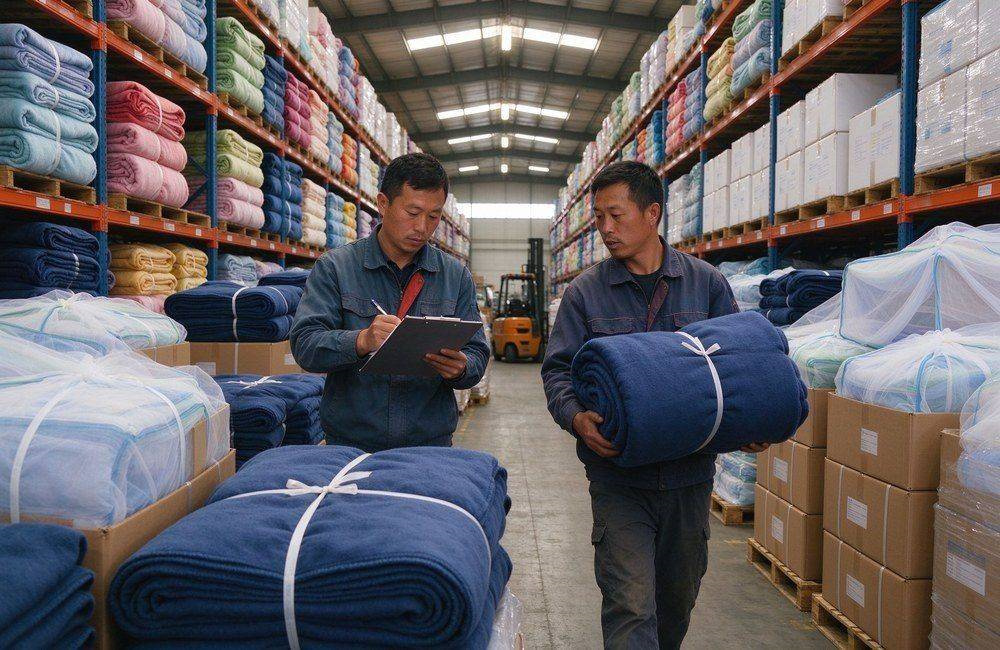Asian worker moving pallets of pre-positioned compressed blanket bales in a bright national stockpile warehouse, showing national stockpile blankets prepositioning
