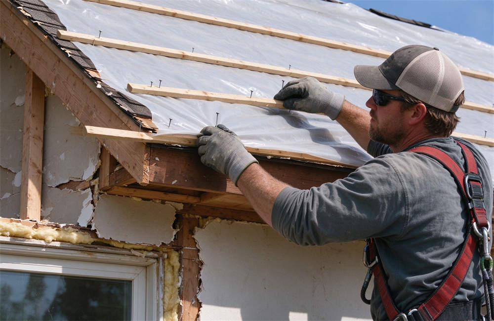 Close-up of worker nailing wood battens to secure emergency roof tarp, windstorm damage repair supplies and temporary roof tarp installation details