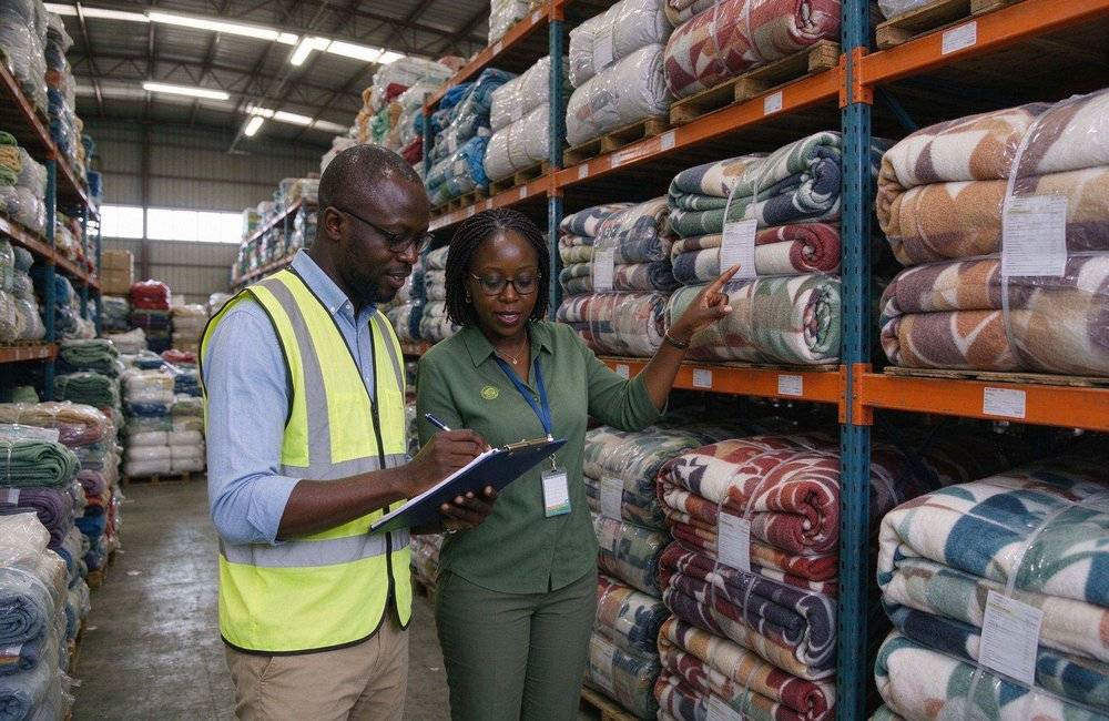 African procurement officers verifying bulk relief blanket bales in a bright warehouse, showing NGO relief procurement tender preparation and stacked emergency supplies