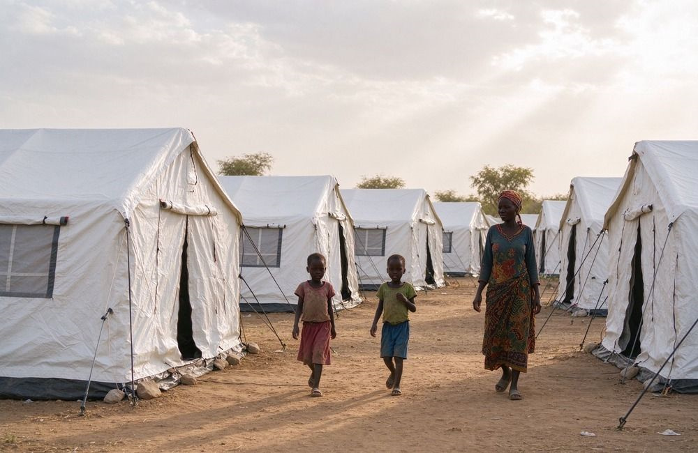 Bright displacement camp with relief tents and blanket distribution point in Africa, showing NGO tender blankets field application context, bulk relief blankets distributed
