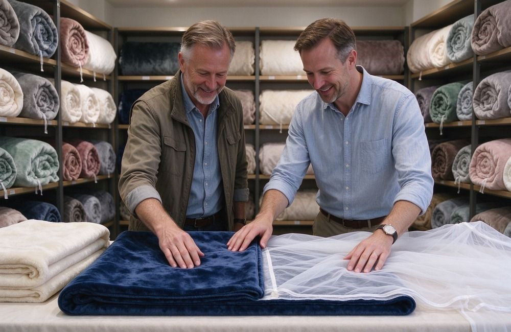 Bright sample room with blanket fabric rolls and colour samples on shelves, showing NGO tender blankets fabric selection before production