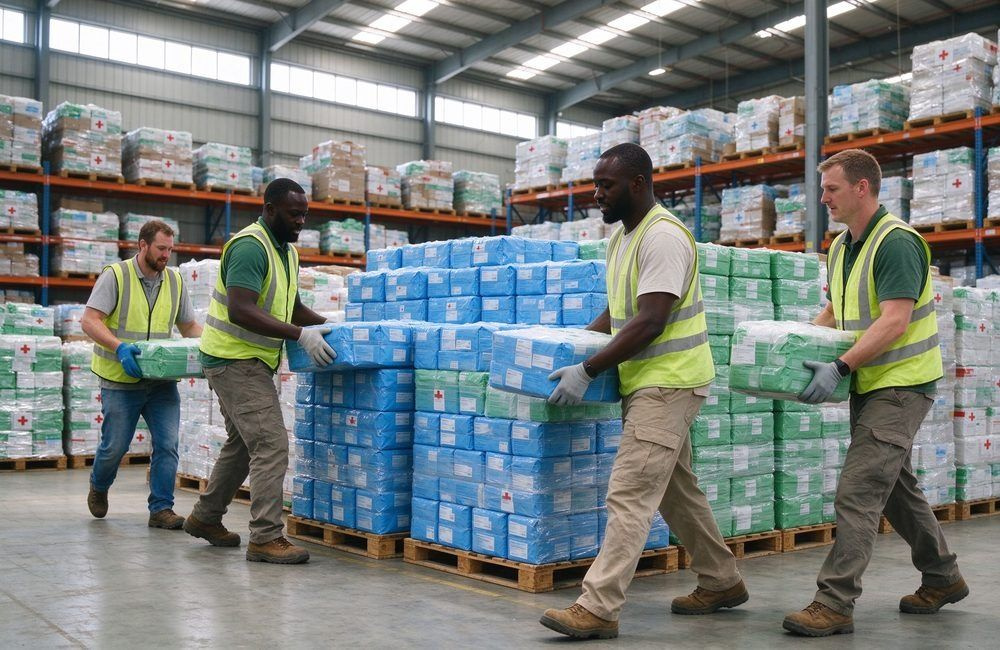 Bright humanitarian warehouse where relief workers move boxes of UN approved relief blankets between tall shelves, showing bulk refugee blankets wholesale stock ready for UN agency delivery