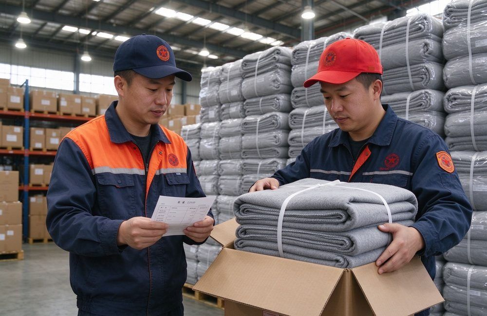 Asian warehouse workers in a bright relief warehouse counting folded grey blanket cartons against a packing list, showing UNHCR standard blankets quantity verification before humanitarian relief blankets shipment
