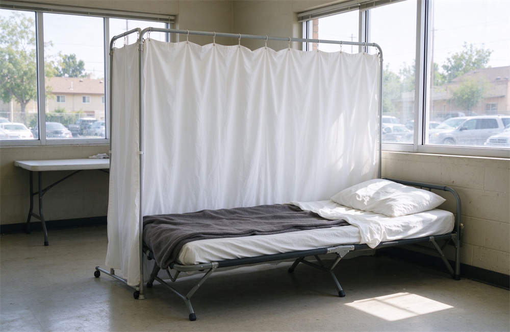 Bright isolation room with single folding cot and white curtains, emergency quarantine space for foodborne illness outbreak response in relief shelters