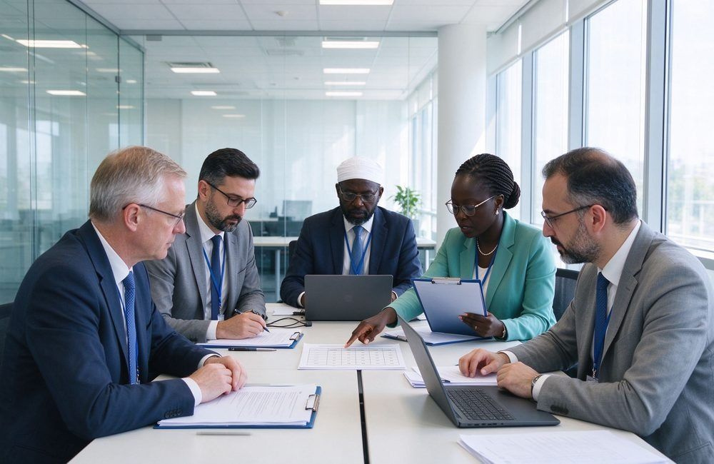 Multinational UN tender evaluation meeting with African European and Middle Eastern team members reviewing supplier bid files at a bright conference table, showing what UN humanitarian tenders look for