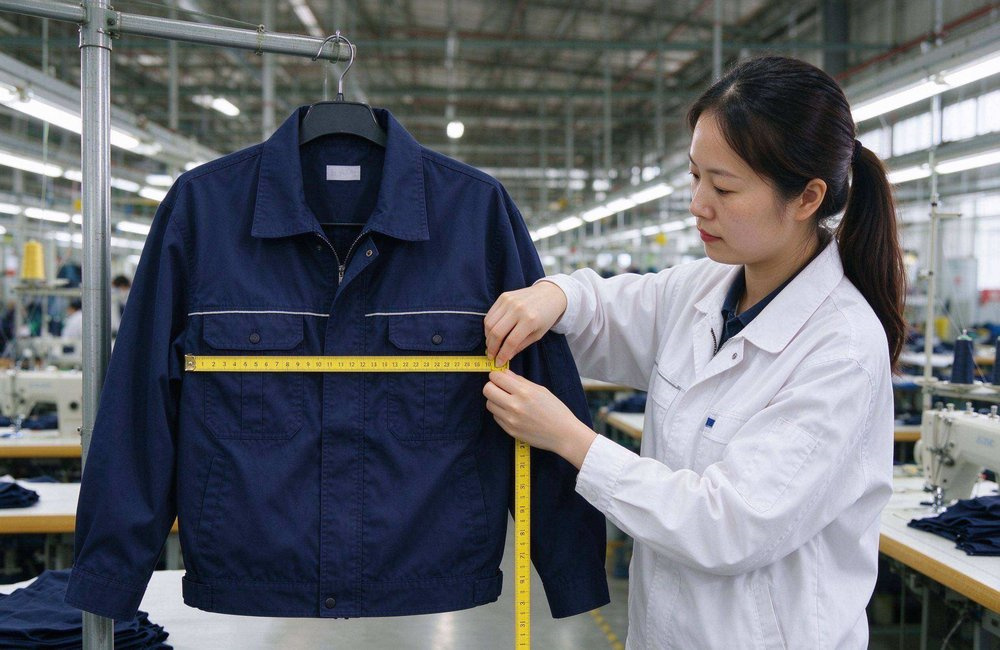 Asian quality inspectors measuring blanket size in a bright production workshop, showing quality standards in UN supply inspection and sample approval