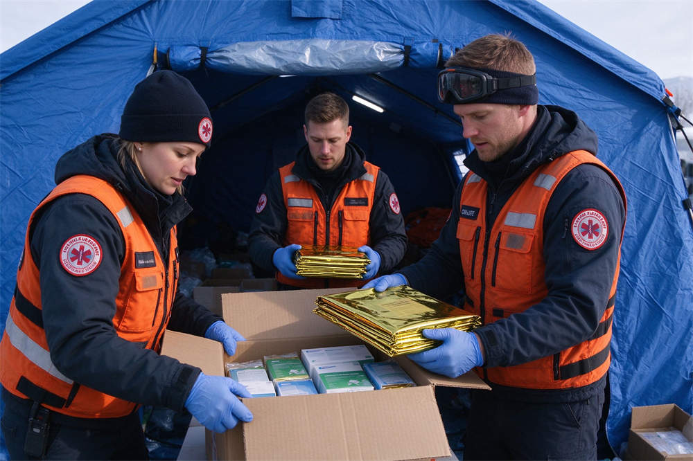 NGO emergency kit distribution scene with rescue workers handing out survival blankets, bulk disaster preparedness supplies for relief projects NGO emergency kit distribution scene with rescue workers handing out survival blankets, bulk disaster preparedness supplies for relief projects