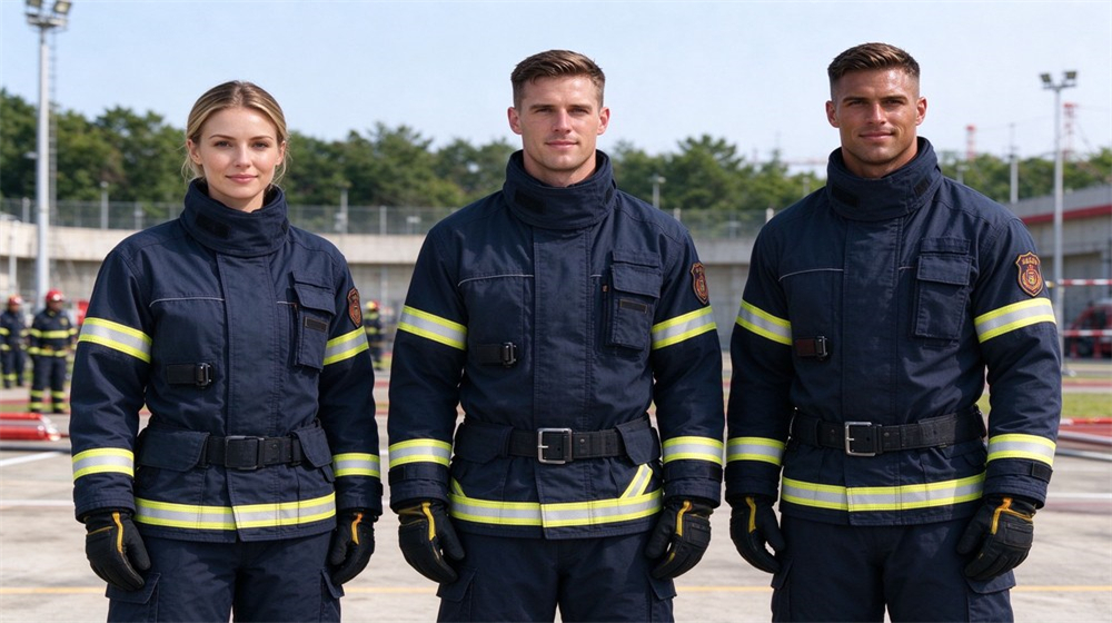 Three male firefighter mannequins in turnout coats of small medium and large size side by side, demonstrating fit differences on light gray studio background