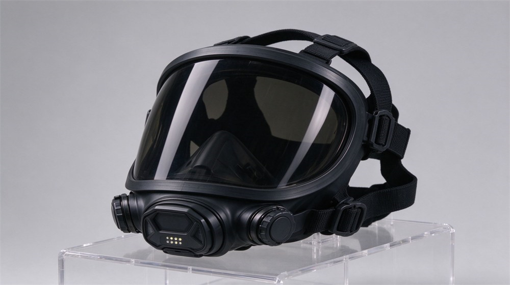 Close-up studio shot of a black SCBA full facepiece with blue silicone seal and smoked polycarbonate visor, regulator connector visible, light gray background