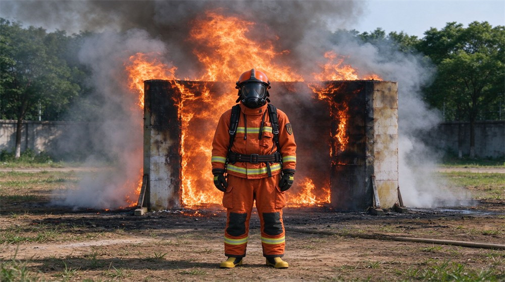 Firefighter in orange fire suit with breathing apparatus stands in front of burning structure during fire training