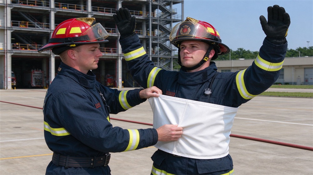 Training drill scene of a person in casual clothes being wrapped in a large fiberglass fire blanket by two instructors during a community fire safety class, indoor room, focused demonstration atmosphere Training drill scene of a person in casual clothes being wrapped in a large fiberglass fire blanket by two instructors during a community fire safety class, indoor room, focused demonstration atmosphere