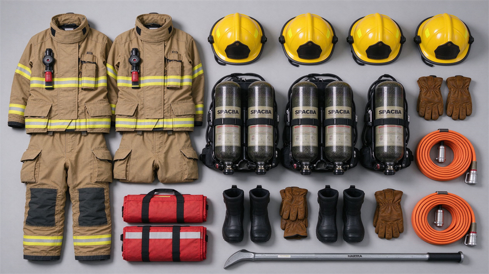 Complete set of fire response gear including fire suits helmets self contained breathing apparatus gloves boots rescue ropes and hand tools for fire rescue operations