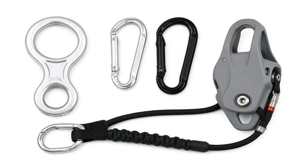 Studio close up on light gray background of rope escape accessories: aluminum figure eight descender, steel screw gate carabiners, rope protector sleeve, and small locking device, arranged neatly, hardware fills frame Studio close up on light gray background of rope escape accessories: aluminum figure eight descender, steel screw gate carabiners, rope protector sleeve, and small locking device, arranged neatly, hardware fills frame