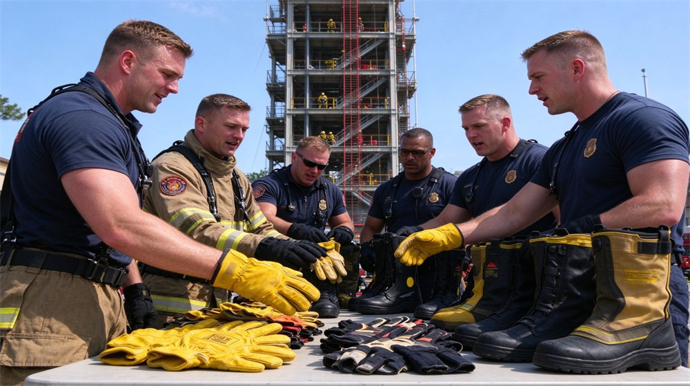 Firefighters gather around table to inspect fire gloves and boots before training at fire training tower Firefighters gather around table to inspect fire gloves and boots before training at fire training tower