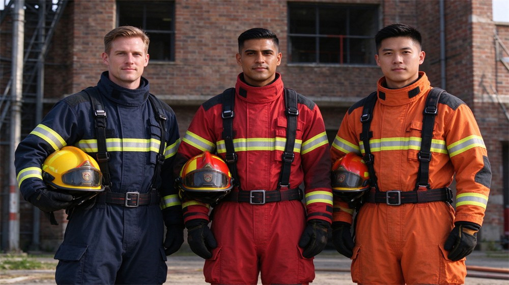 Wide shot of a firefighter team in full turnout gear and helmets approaching a smoke filled structure fire, orange reflection on gear, daytime exterior scene, three different male faces, serious response posture