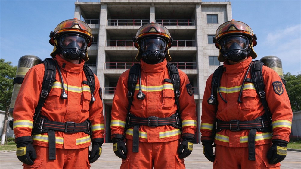 Three firefighters wearing orange fire protective suits, helmets and self-contained breathing apparatus, fully equipped for emergency rescue