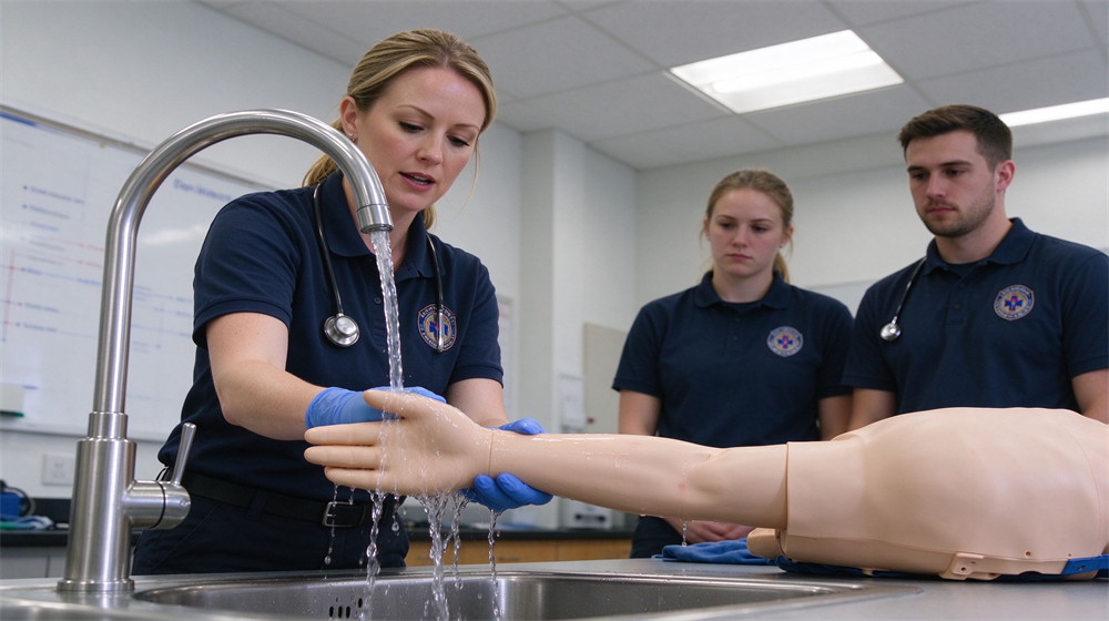 Bright first aid training room scene with a female instructor in navy uniform guiding trainees to hold a training manikin arm under cool running water from a stainless steel tap, clean facility, no visible wounds or skin damage