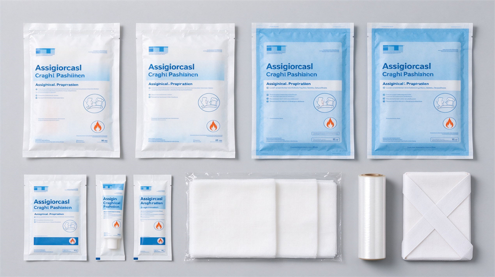 Studio flat lay of assorted sterile burn dressing packages on light gray background, multiple sealed white and blue packaging packets, burn gel sachets, non adherent gauze pads, cling film roll and triangular bandage arranged neatly