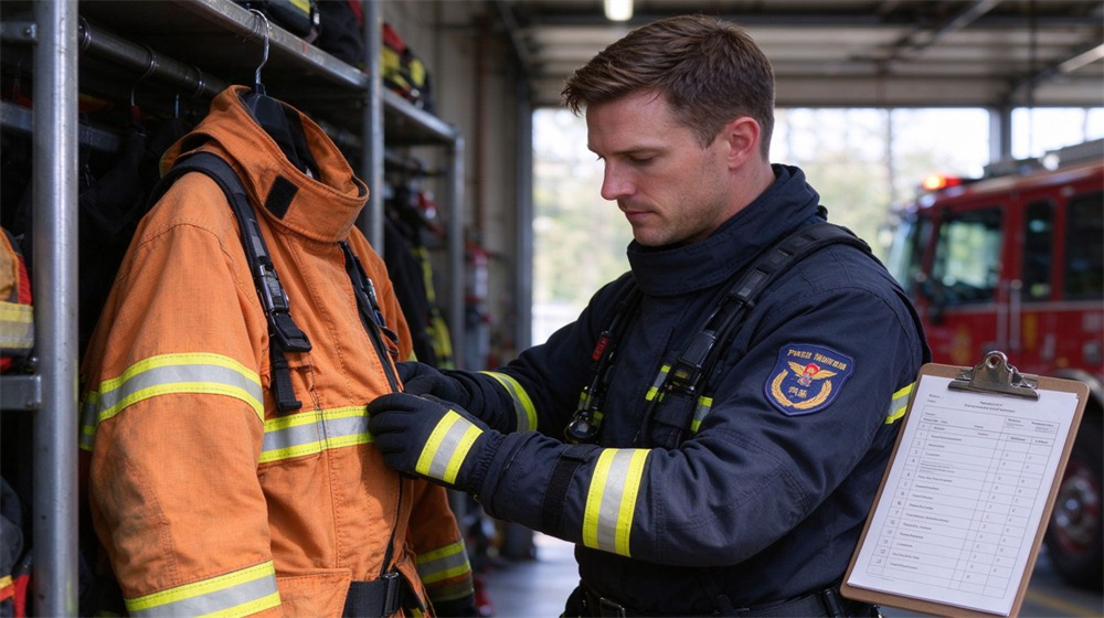 Fire service officer in dark turnout uniform checking and inspecting orange fire protective jacket, holding clipboard with inspection checklist inside equipment storage room
