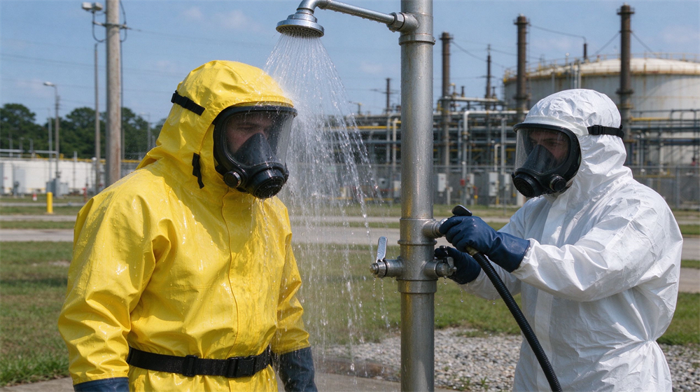 Outdoor industrial scene of a worker in yellow chemical protective suit standing under an emergency safety shower with water spraying down, another worker in white PPE operating the shower valve, daytime refinery background