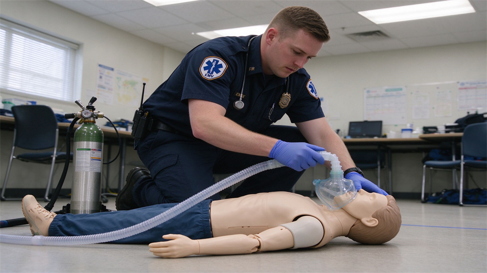 Emergency medical training room with a male paramedic in dark blue EMS uniform kneeling and placing an oxygen mask on a training manikin lying on the floor, green portable oxygen cylinder visible, bright clean training facility