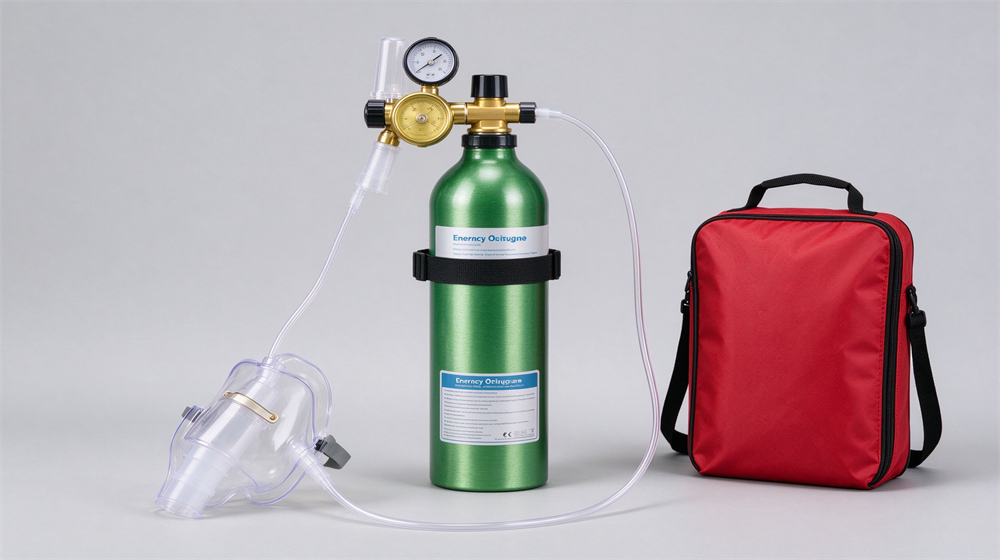 Studio product shot of a portable emergency oxygen cylinder kit on light gray background with green aluminum tank, brass regulator, pressure gauge, clear oxygen mask, tubing and red carry bag, product fills eighty percent