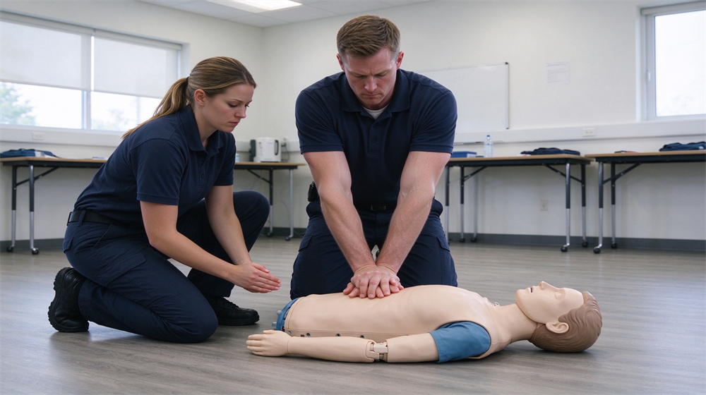Bright training room with two rescuers in navy uniforms kneeling on a wooden floor, male rescuer performing chest compressions on an adult CPR manikin, female rescuer ready beside them, focused training atmosphere, different faces