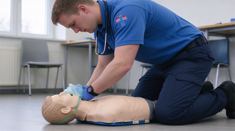 CPR training scene with a male rescuer in blue uniform kneeling beside an adult manikin on the floor, giving rescue breaths through a mask with head tilt chin lift position, bright training room, focused and serious expression
