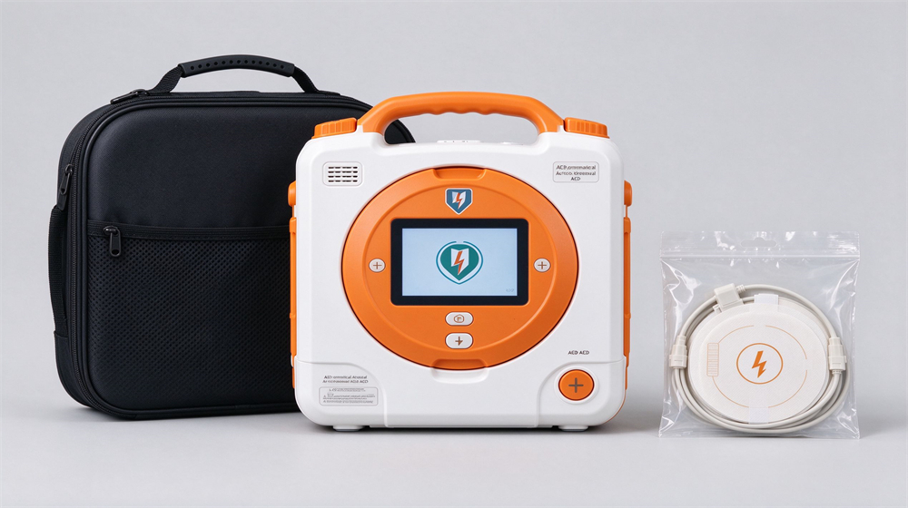 Studio product shot of an automated external defibrillator training unit on light gray background with white and orange AED device, black carrying case, sealed electrode pads package, screen showing ready icon, product fills eighty percent