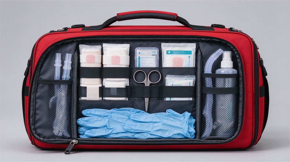 Studio product shot of an open red emergency trauma first responder bag on light gray background, unzipped showing organized compartments with bandages, dressings, scissors, blue gloves and airway kits, product fills eighty percent