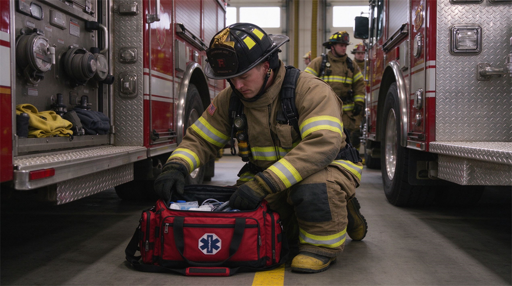 Fire apparatus bay scene with a Caucasian firefighter in full turnout gear and helmet kneeling beside a red fire truck, checking the contents of a red first aid trauma bag on the floor, other firefighters in background