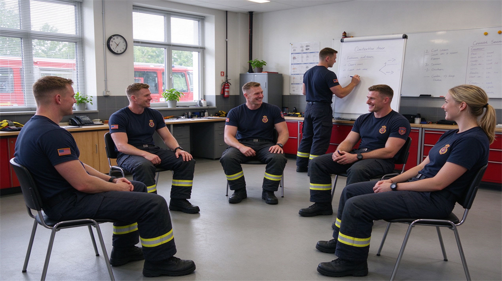 Bright fire station meeting room with six firefighters in navy station wear sitting in a circle of chairs, one writing on a whiteboard, relaxed but focused debrief atmosphere after training, different male and female faces