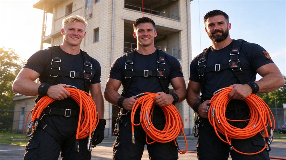 Three rescue specialists wearing safety harnesses, each holding coiled bright orange technical rescue rope equipped with metal connectors