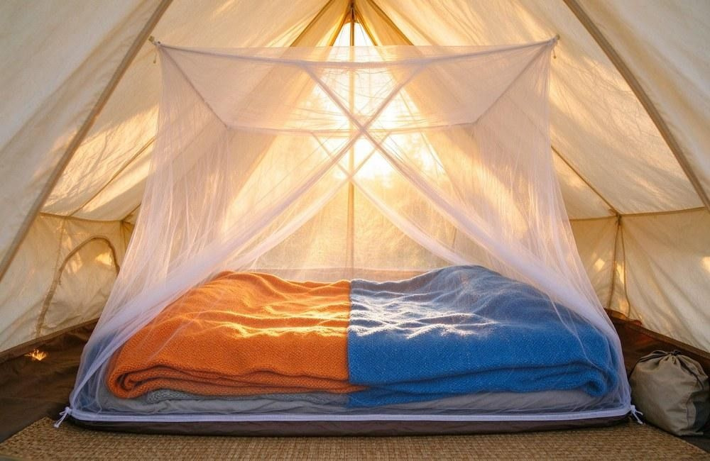 Bright mosquito net hanging over a family sleeping area inside a tent after flooding, with warm sunlight streaming through, showing mosquito nets bulk for post-flood malaria prevention