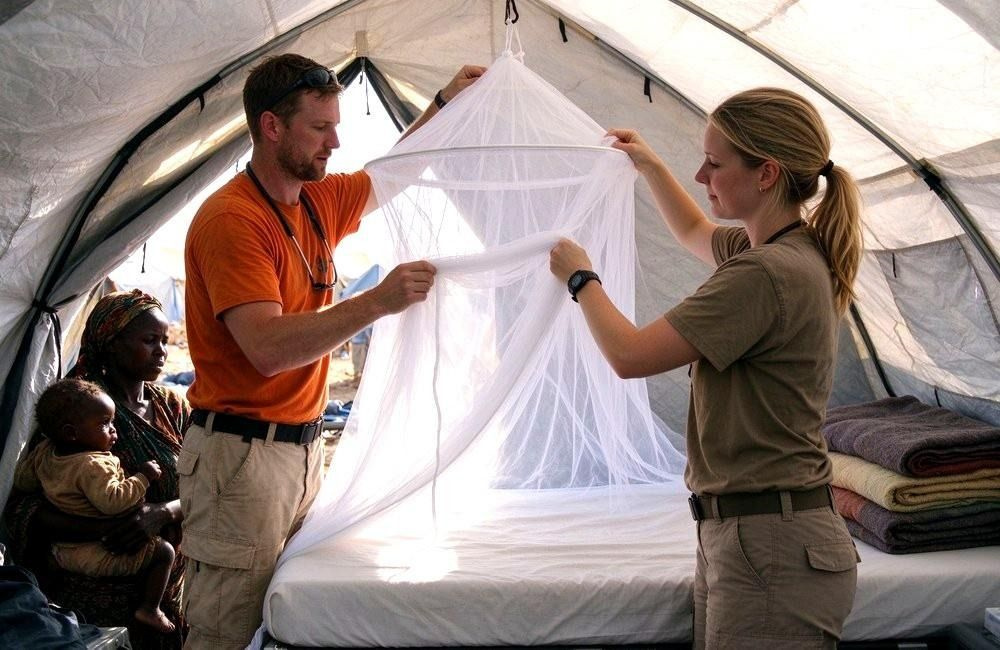 Rescue workers hanging treated mosquito nets over beds in a camp tent, showing mosquito nets bulk for malaria prevention programs