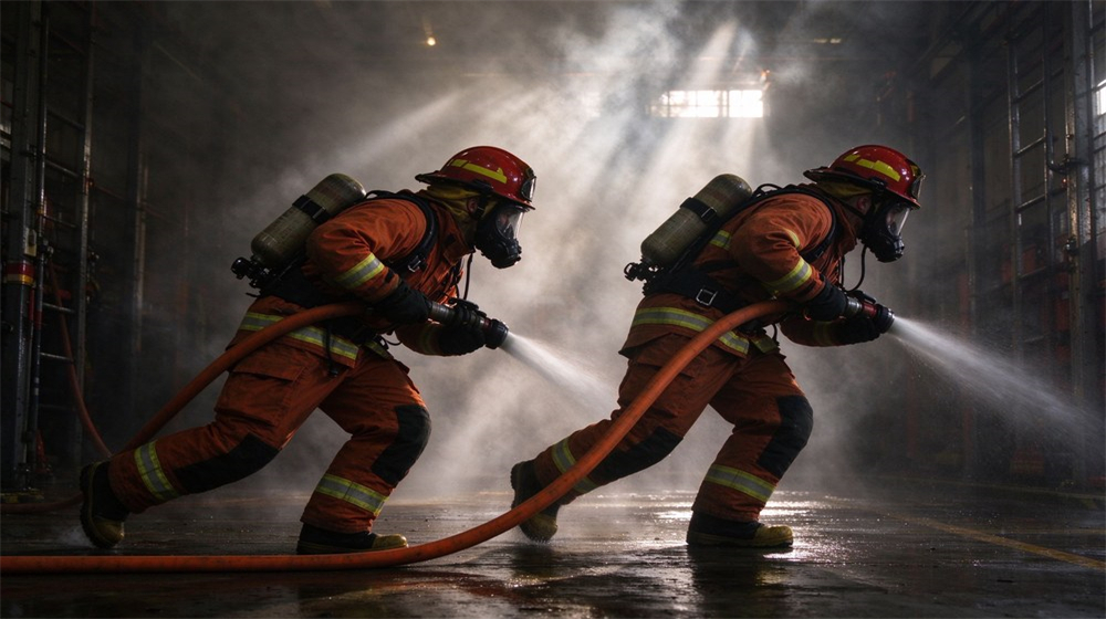 Interior structural fire attack shot with thick dark smoke filling a burning building, two firefighters in SCBA and turnout gear advancing low along a hose line, orange glow from fire ahead
