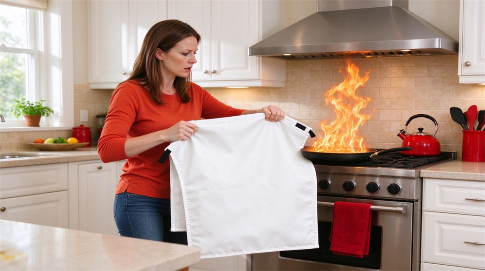 Realistic kitchen scene of a woman covering a small pan fire on a stovetop with a red fire blanket, flames suppressed, bright modern kitchen interior