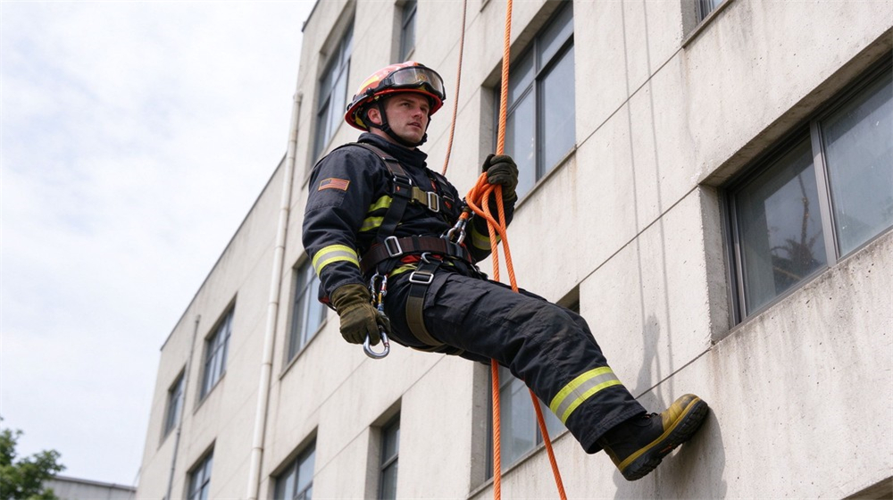 Outdoor rescue scene of a Caucasian firefighter rappelling down the side of a multi story building on an escape rope, harness engaged, helmet on, urban building facade behind