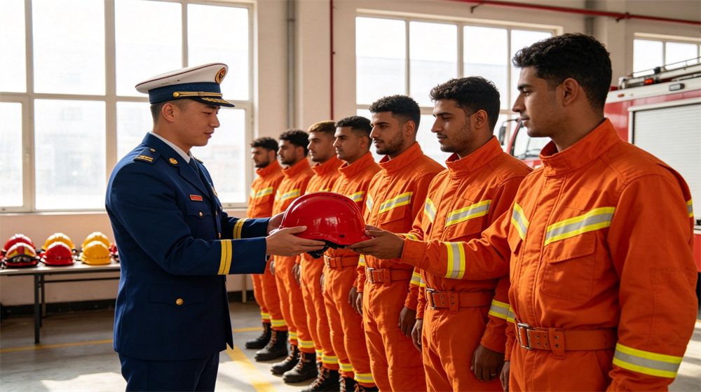 Fire station bay scene of a uniformed procurement officer handing fire helmets to a line of firefighters in turnout gear, organized issuance, apparatus bay background