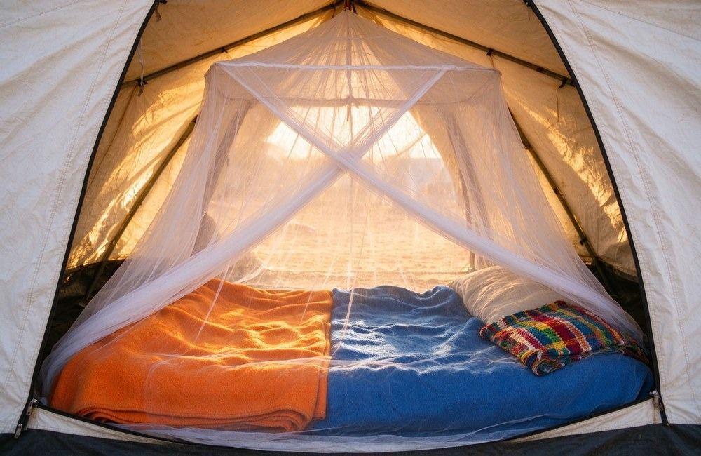 White mosquito net hanging over a camp bed with orange and blue blankets and woven fabric inside a warm tent, showing mosquito nets in camp settings for health programs