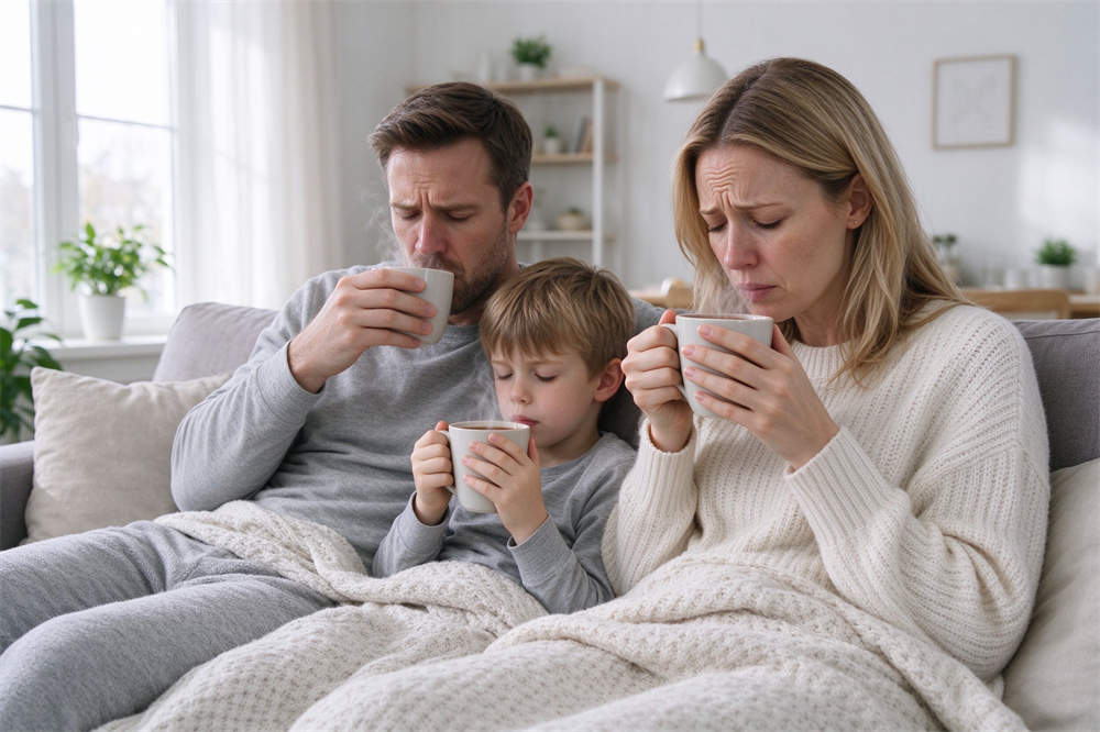 Flu season emergency kit family at home isolation, drinking warm water, influenza preparedness supplies for household health