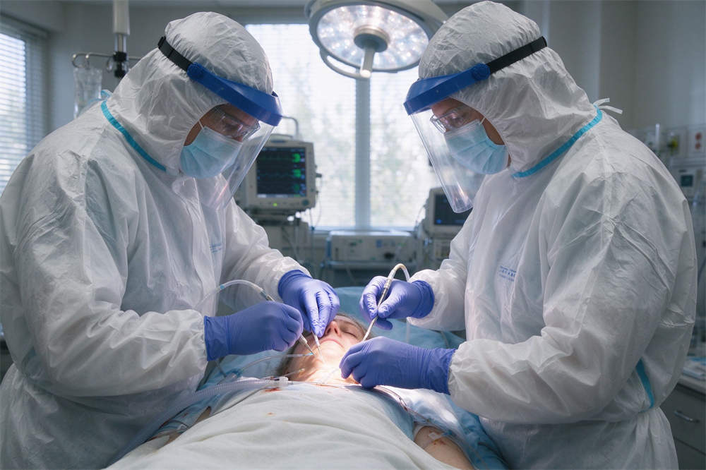 Medical staff wearing PPE gowns in surgical room, infection control for influenza pandemic preparedness and patient care