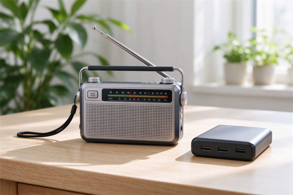 Hand crank emergency radio and power bank on table, communication and power backup for influenza pandemic preparedness