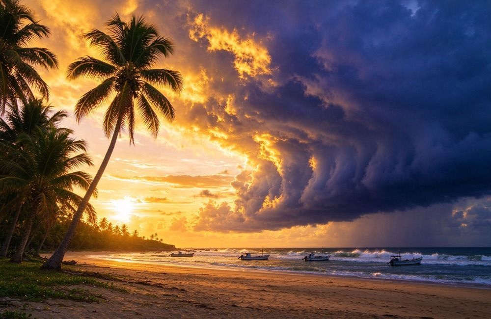 Dark storm clouds approaching the coastline of Madagascar during cyclone season, showing why cyclone season preparedness supplies are ordered before December