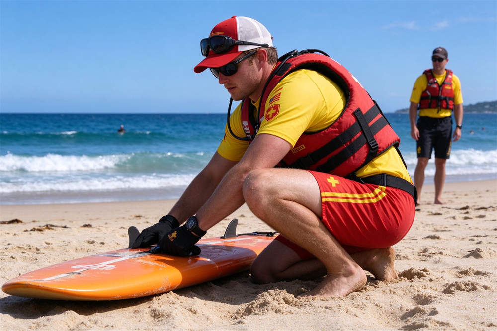 Water safety kit lifeguard on beach wearing life jacket, coastal rescue and PFD equipment for water emergency preparedness