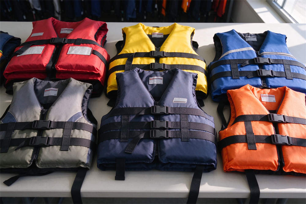 PFD life jackets family multiple colors display, water safety kit essentials for boating and coastal emergency preparedness