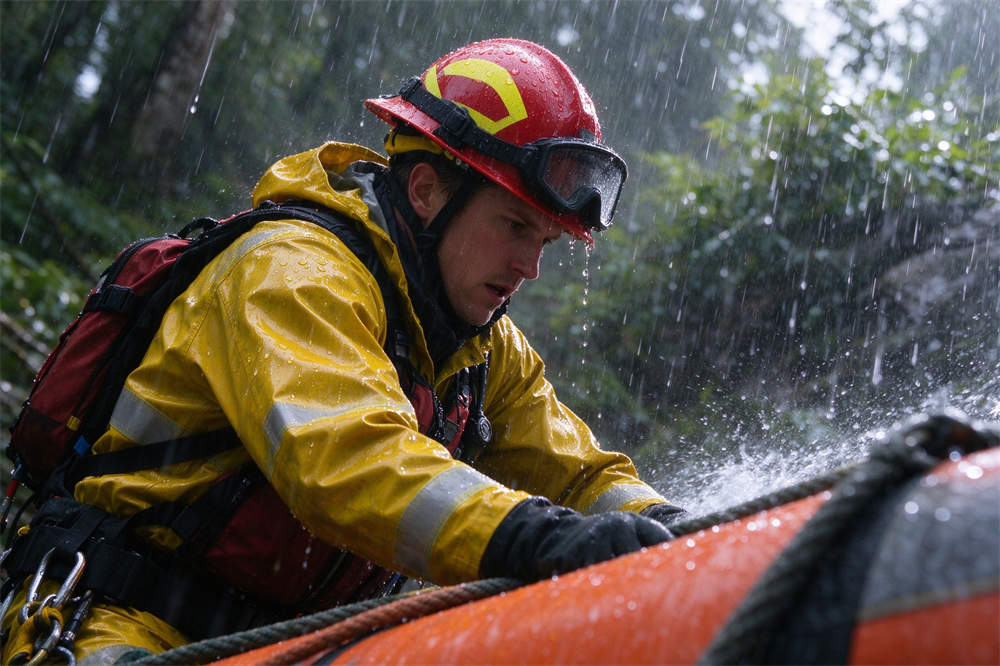 Rescue worker wearing reflective raincoat in rain, water safety PPE for flood rescue and emergency operations